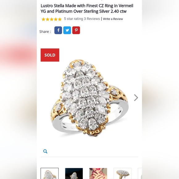 Lustro Stella Finest CZ Ring in Vermeil YG and Platinum Over Sterling Size 6 - Picture 12 of 15